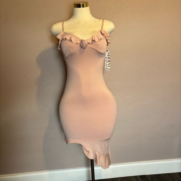 Almost Famous Tan Pink Asymmetrical Bodycon Dress - Picture 1 of 4